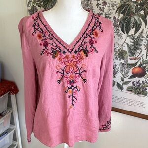 Solitaire Pink Floral Embroidered Linen Blouse Small